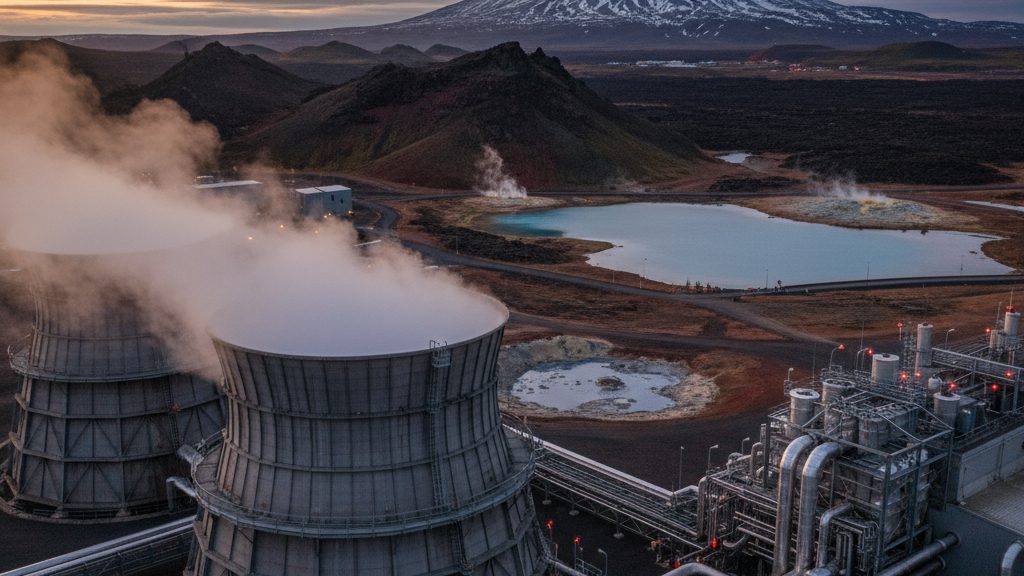 Centrale geothermique islandaise avec vapeur s echappant des tours de refroidissement