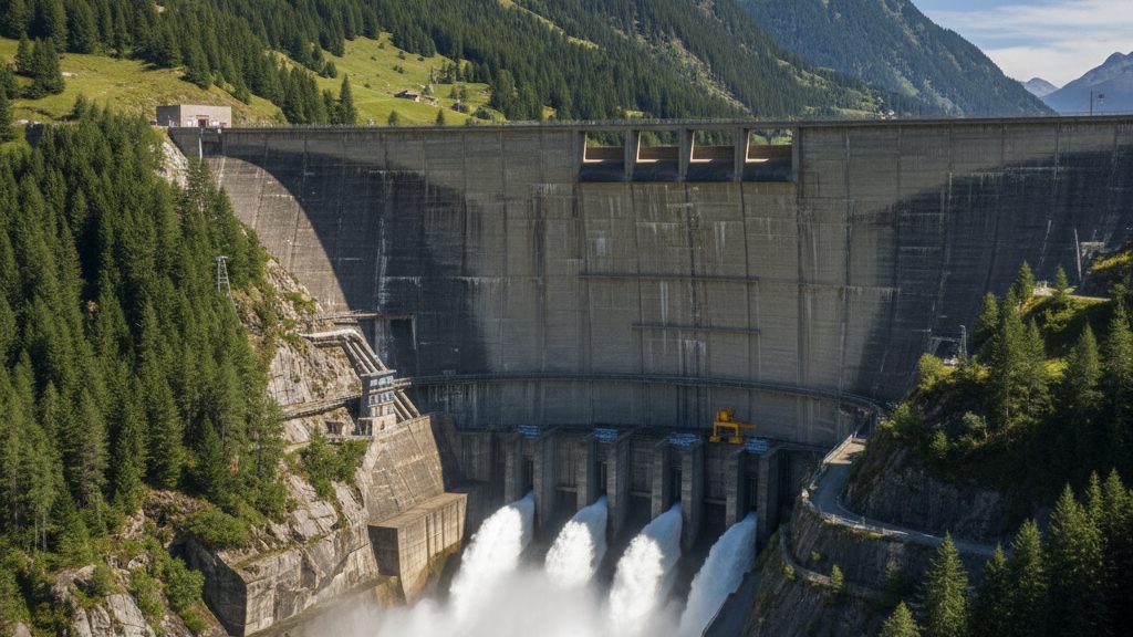 Barrage hydroelectrique dans les Alpes francaises avec lacher d eau