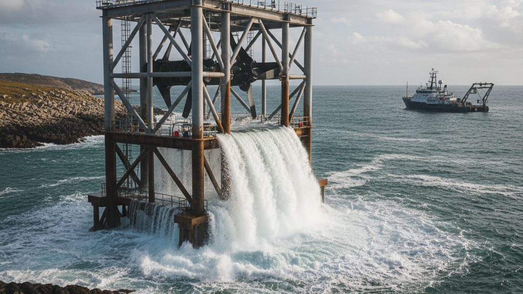 Hydrolienne emergant de la surface de l ocean pres d un littoral rocheux