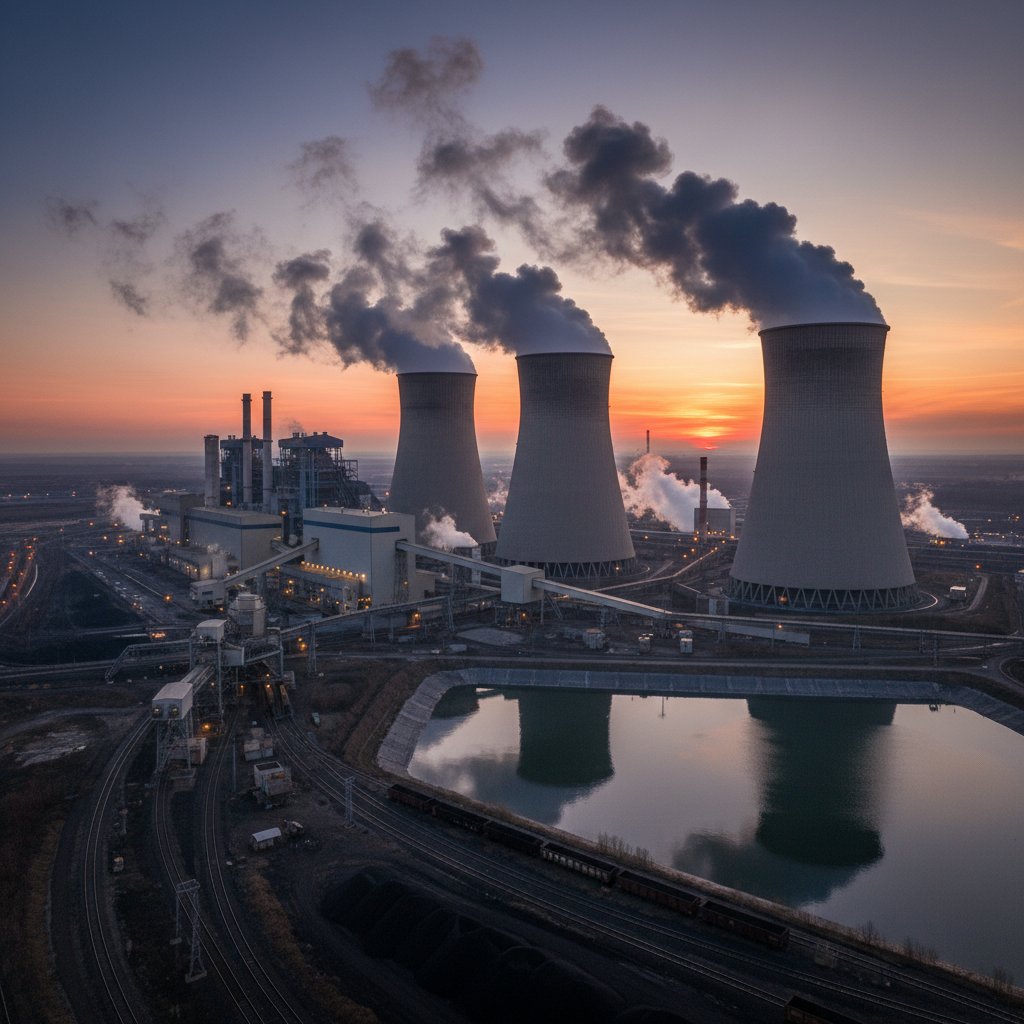 Centrale thermique au charbon émettant du CO₂, principale cause du réchauffement climatique