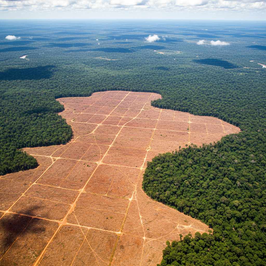 Déforestation en Amazonie vue du ciel, cause majeure du réchauffement climatique