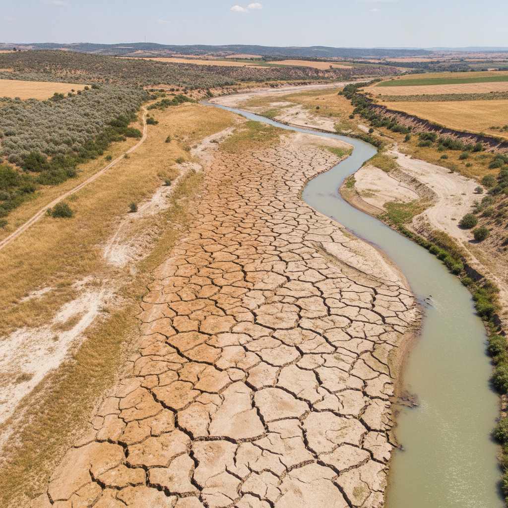 Lit de rivière asséché et craquelé, sécheresse en France