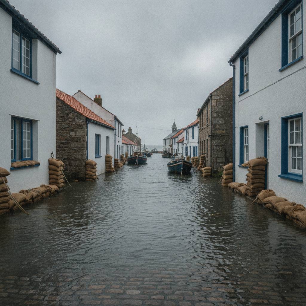 Rue côtière inondée à marée haute, montée des eaux