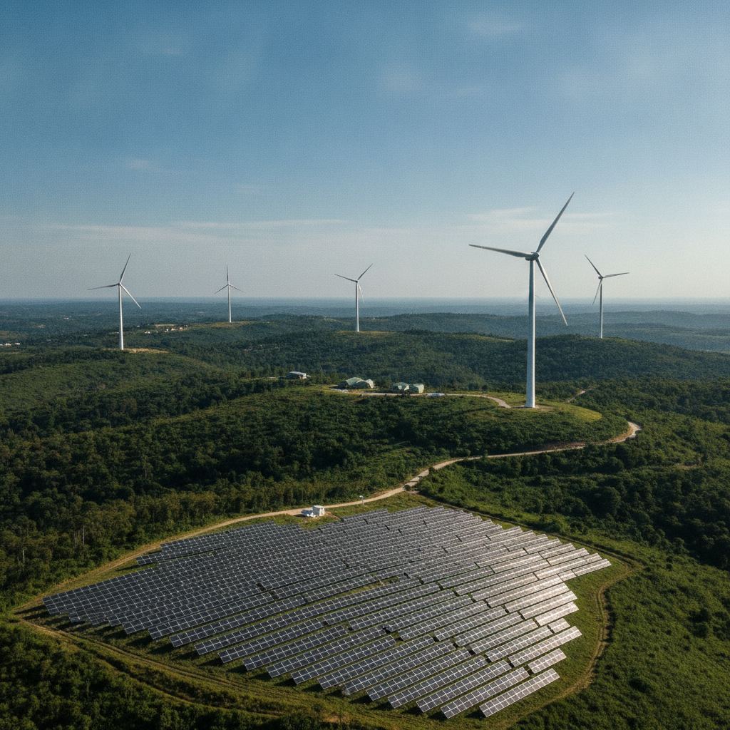 paysage avec éoliennes et panneaux solaires sous un ciel bleu