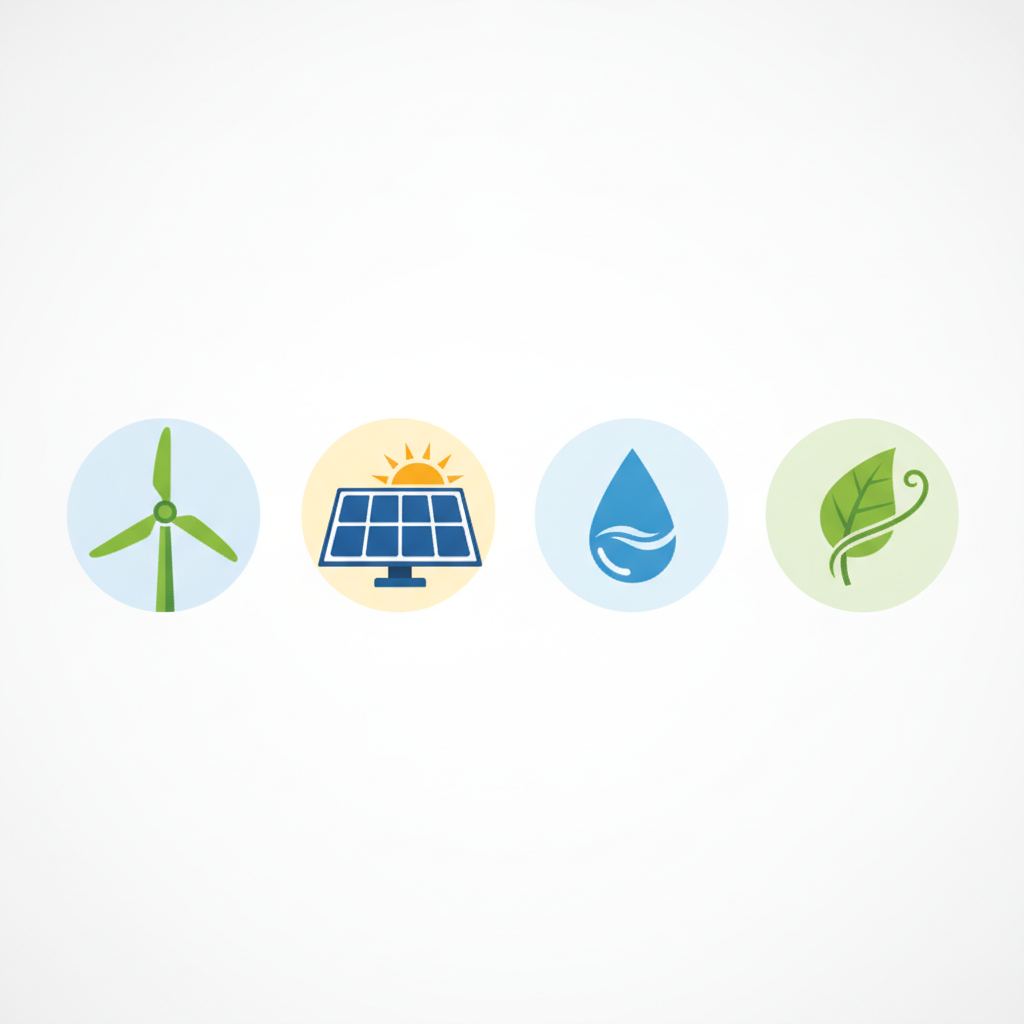 pictogrammes d'énergies renouvelables : éolienne, panneau solaire et goutte d'eau