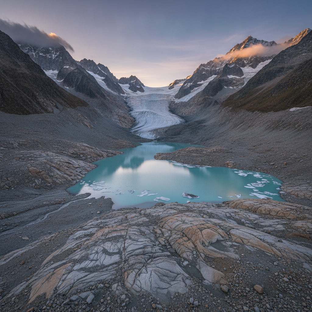 Glacier alpin en fort recul avec lac de fonte