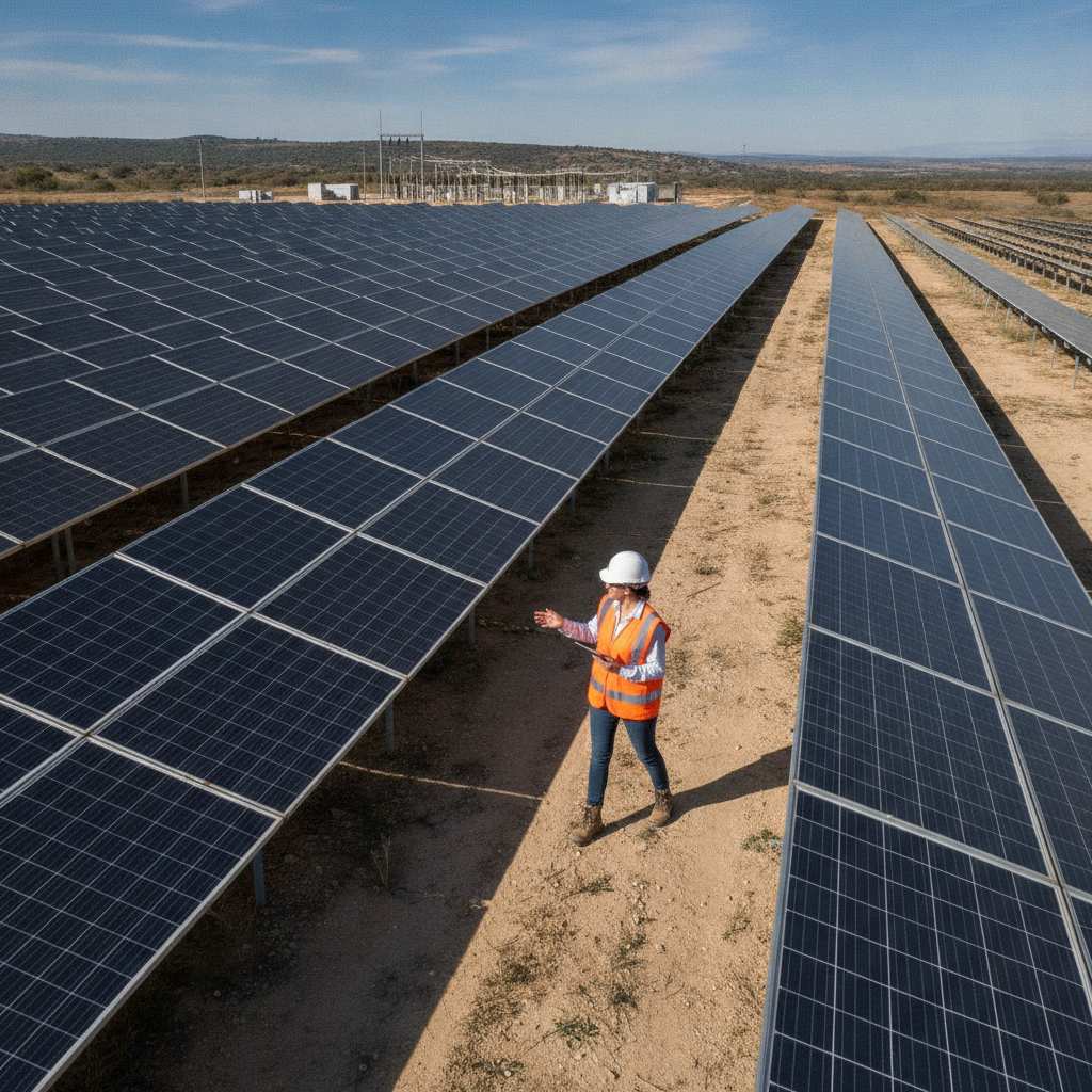Technicien inspectant une centrale solaire capacites renouvelables total energie renouvelable