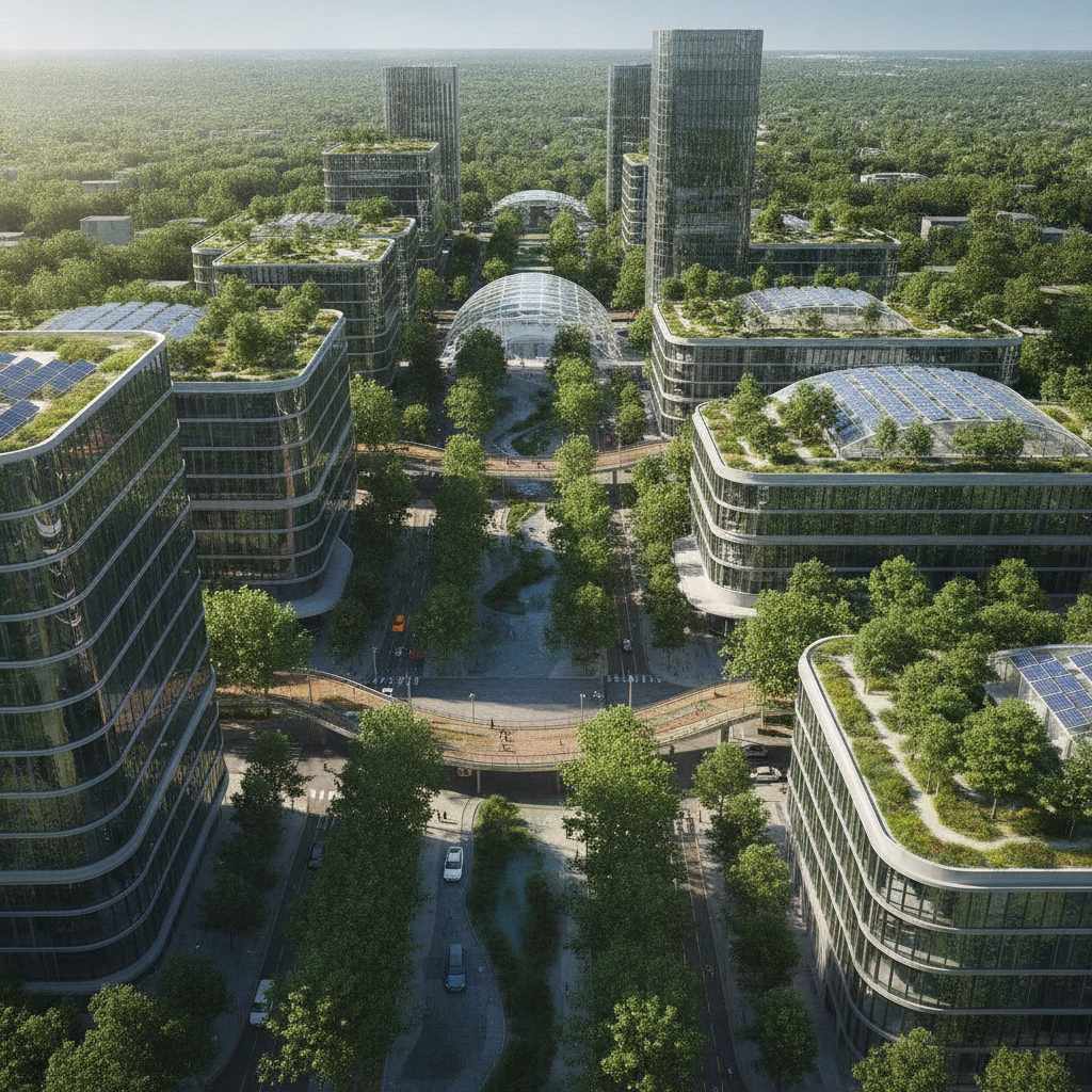 ville végétalisée adaptée au climat futur avec panneaux solaires