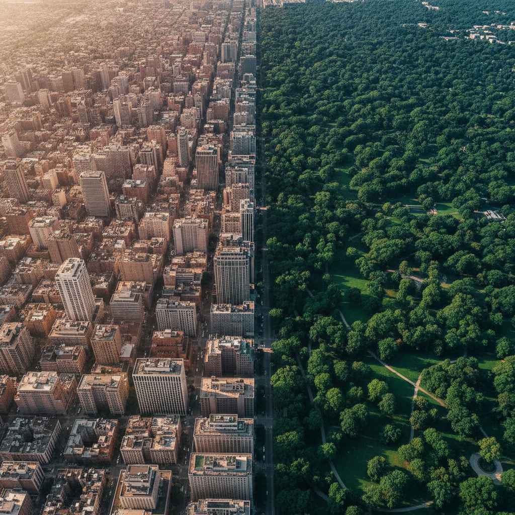 Contraste entre îlot de chaleur urbain et parc végétalisé rafraîchissant