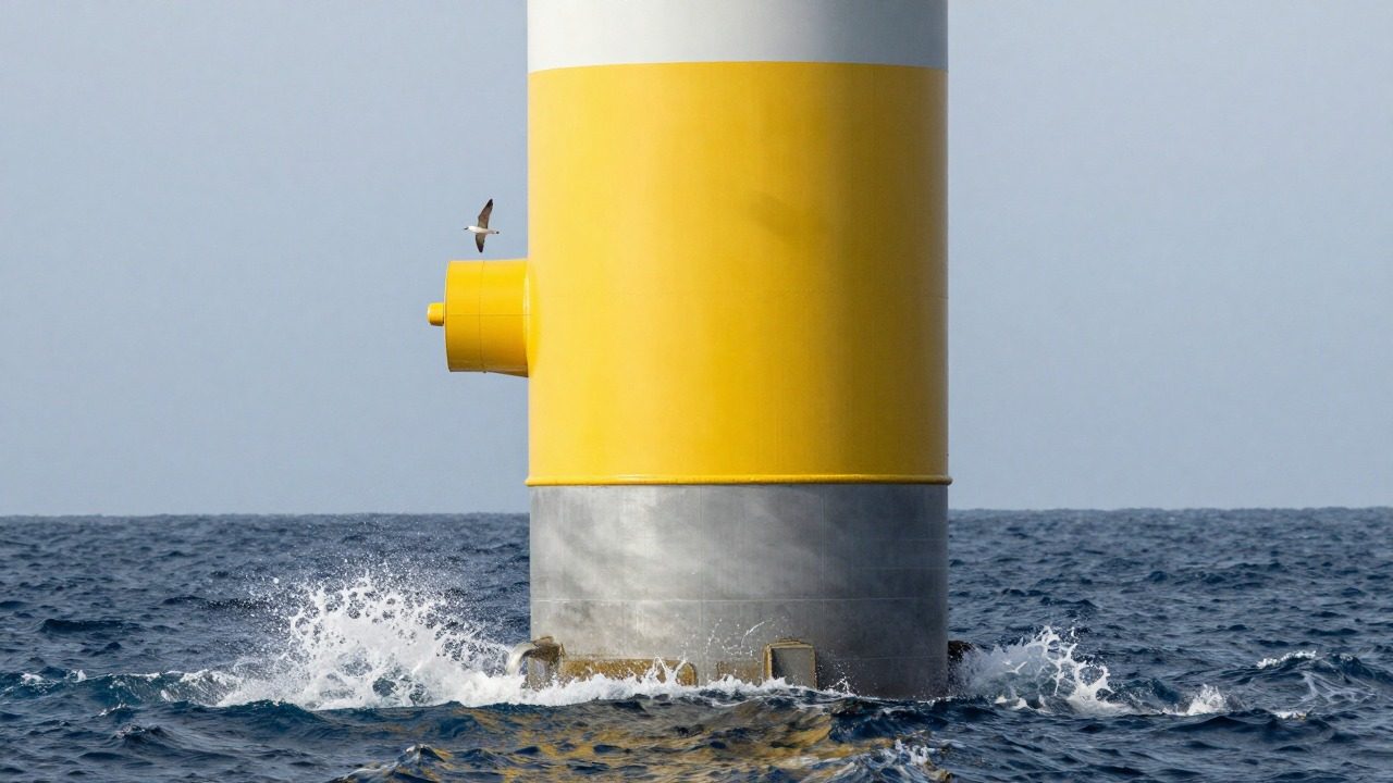 Pièce de transition jaune et fondation en acier d'une éolienne en mer posée