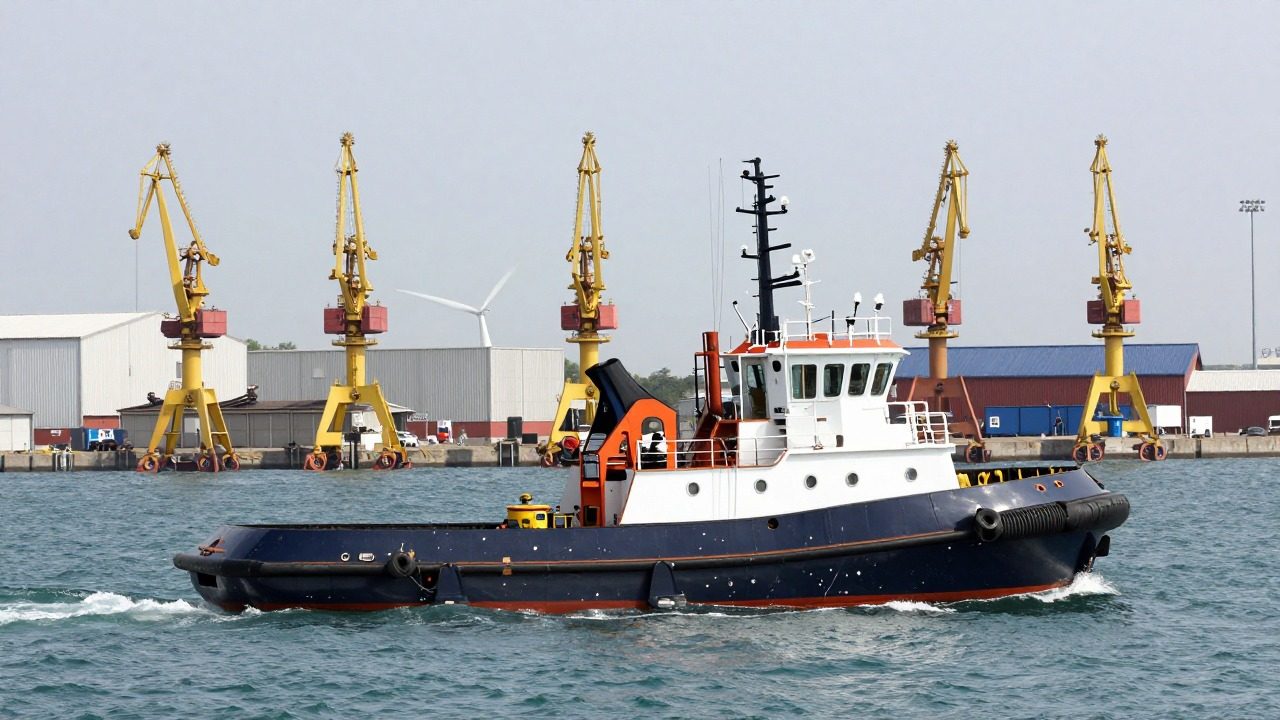 Éolienne flottante remorquée par un remorqueur à la sortie d'un port