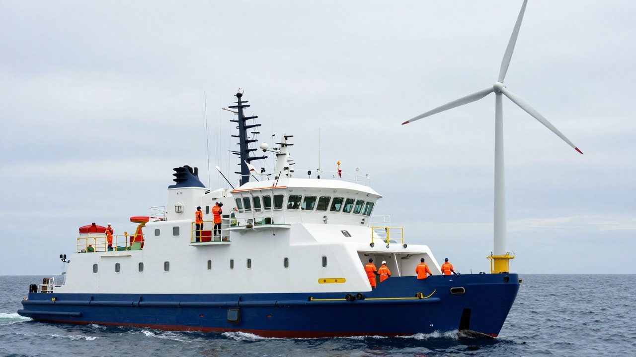 Techniciens en tenue de sécurité sur un navire de transfert approchant une éolienne en mer