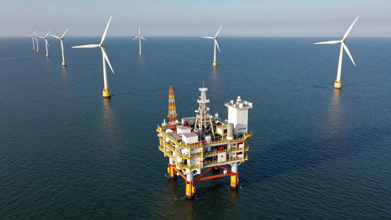 Poste électrique en mer au milieu d'un parc d'éoliennes offshore