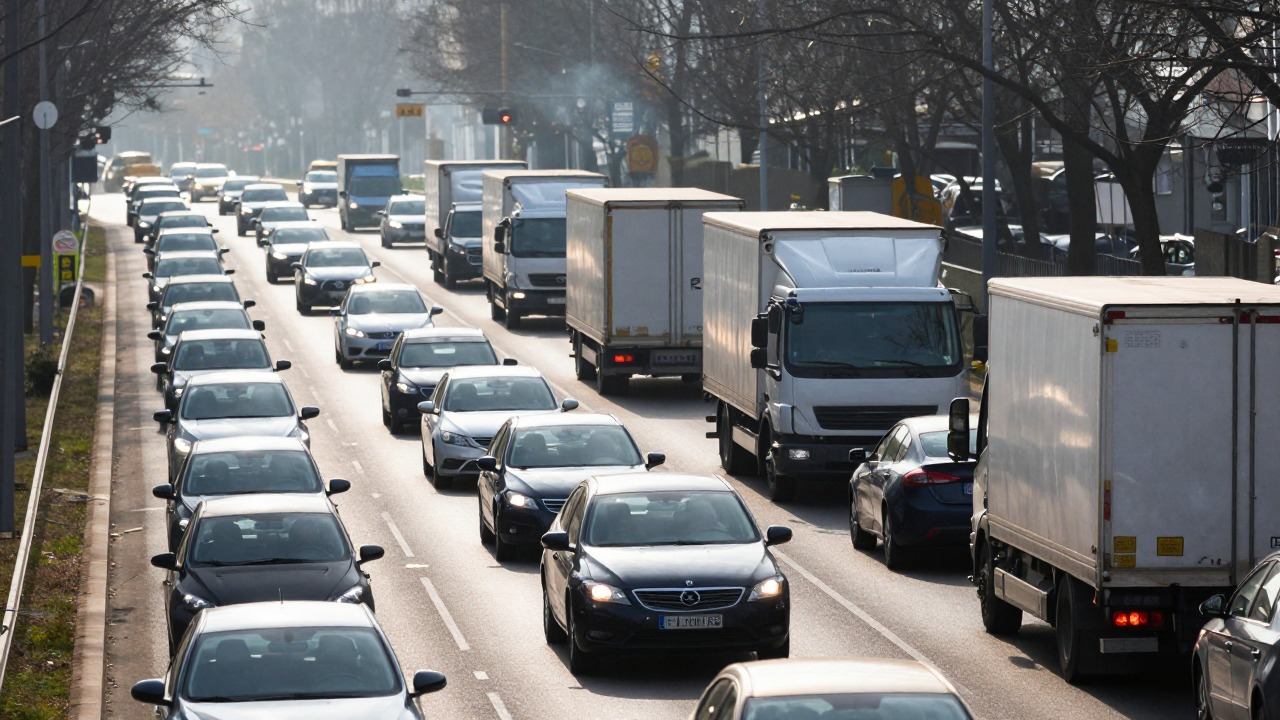 Embouteillage sur une autoroute périurbaine, source majeure de CO2