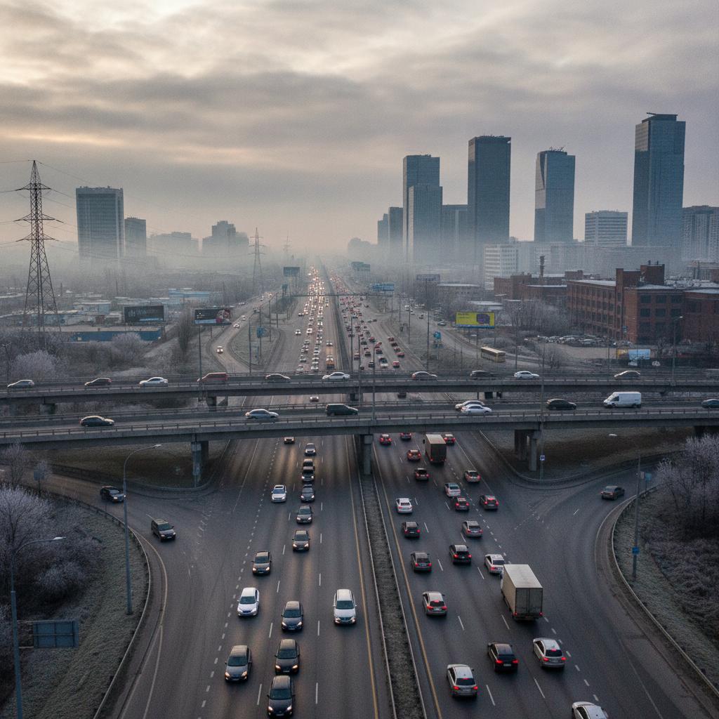 Trafic routier dense sur une rocade urbaine au petit matin, source de dioxyde d'azote