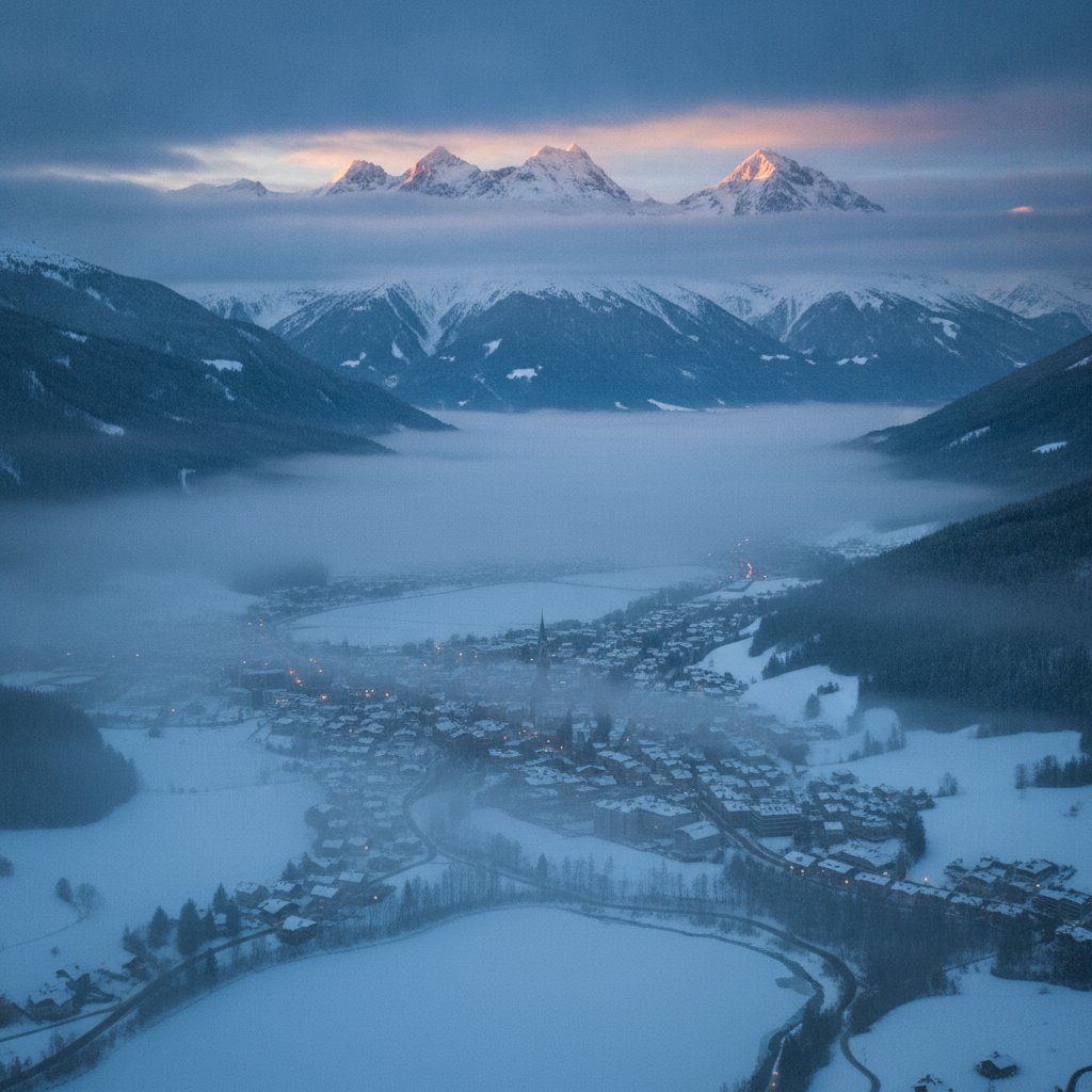 Vue aérienne de Grenoble dans sa cuvette alpine sous une couche de brume hivernale